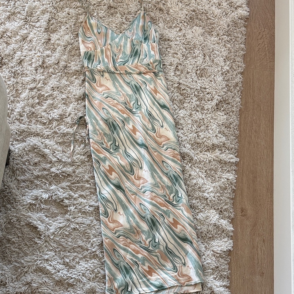 4th + Reckless Cream Green Swirl Print Maxi Slip Dress Wedding Guest XS